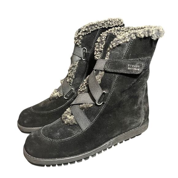 STUART WEITZMAN‎ BLACK SUEDE LEATHER COMBAT ANKLE BOOTS SHEARLING SIZE 7.5 - Picture 1 of 9
